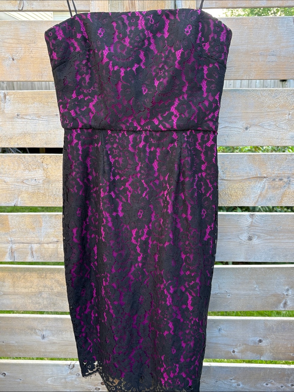 Robert Rodriguez Strapless Black Lace Dress with Fuchsia Underlay size 8